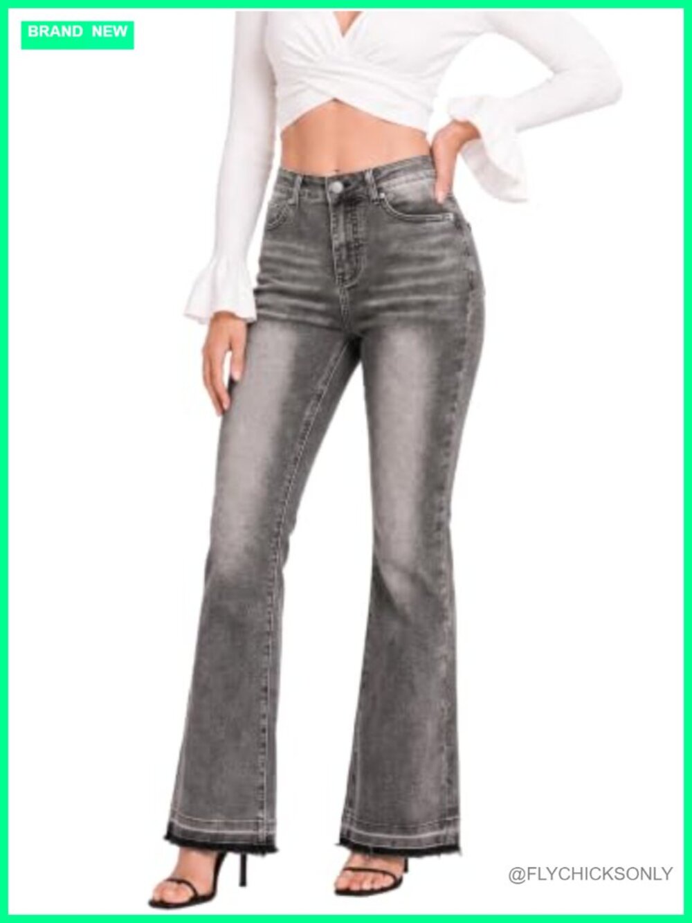 High Waisted Flare Jeans Raw Hem Stretch Denim Pants